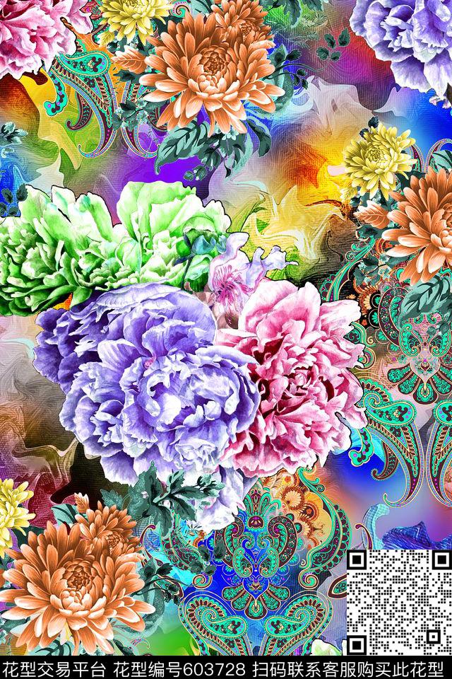 时尚炫彩手绘数码印花华亿平台下载（图片编号: 603728） - 瓦栏（Walan）