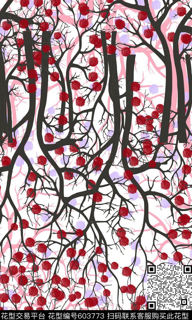 树林剪影点缀的抽象花朵传统印花华亿平台下载（图片编号: 603773） - 瓦栏（Walan）