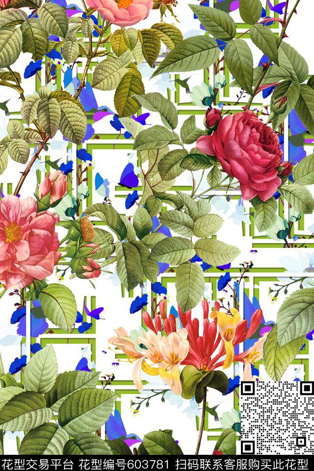 手绘大朵玫瑰数码印花华亿平台下载（图片编号: 603781） - 瓦栏（Walan）