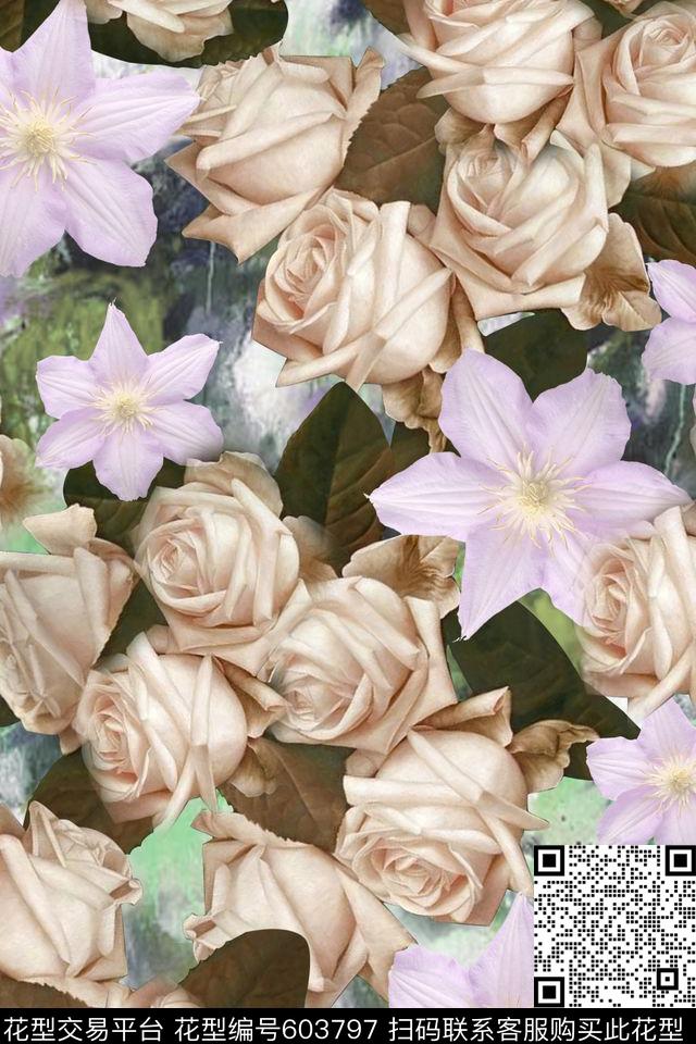 水彩花卉玫瑰数码印花华亿平台下载（图片编号: 603797） - 瓦栏（Walan）