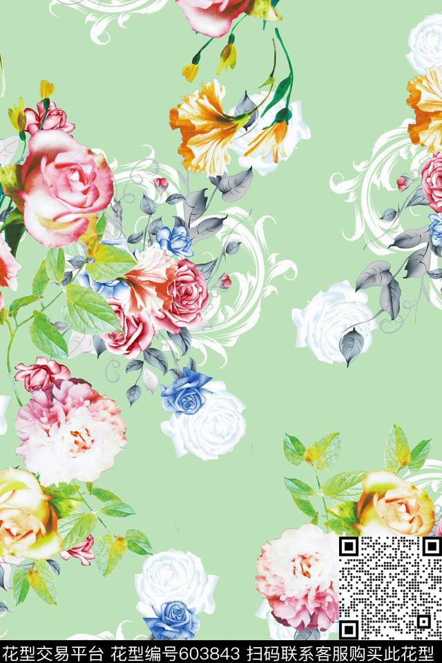 时尚淡绿花卉数码印花华亿平台下载（图片编号: 603843） - 瓦栏（Walan）