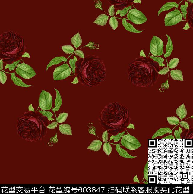 玫瑰中国红花数码印花华亿平台下载（图片编号: 603847） - 瓦栏（Walan）