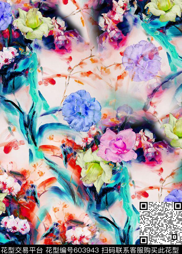 手绘花卉满版。中老年。数码印花华亿平台下载（图片编号: 603943） - 瓦栏（Walan）