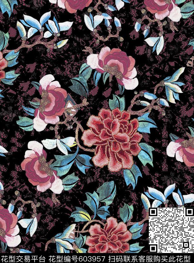 水墨花卉抽象底纹数码印花华亿平台下载（图片编号: 603957） - 瓦栏（Walan）