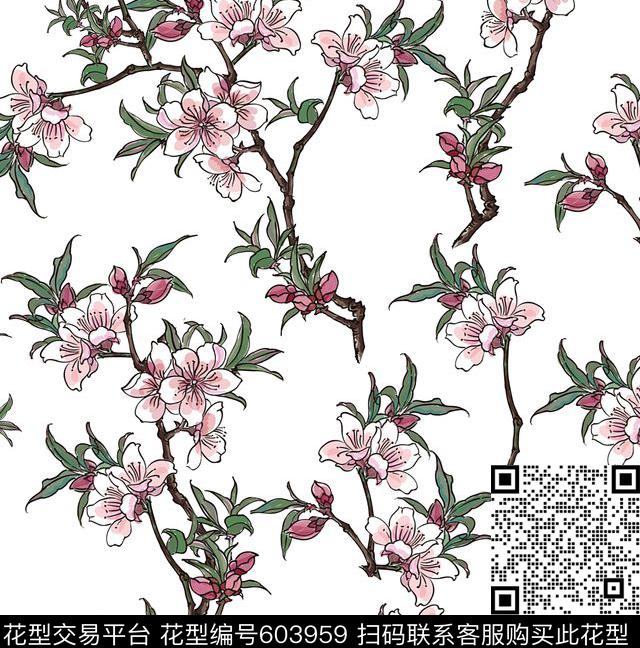 工笔画桃花女装数码印花华亿平台下载（图片编号: 603959） - 瓦栏（Walan）