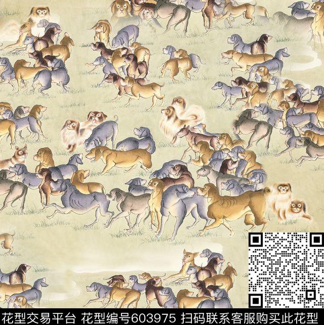 手绘狗复古插画动物数码印花华亿平台下载（图片编号: 603975） - 瓦栏（Walan）