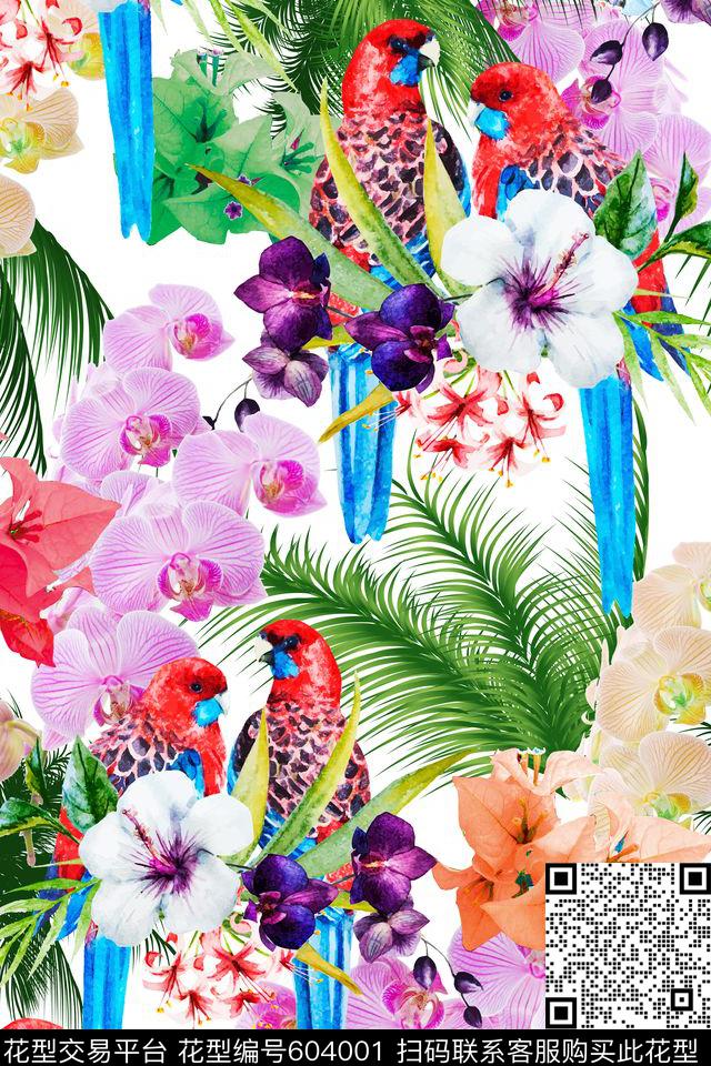 树叶鸟小清新花卉数码印花华亿平台下载（图片编号: 604001） - 瓦栏（Walan）