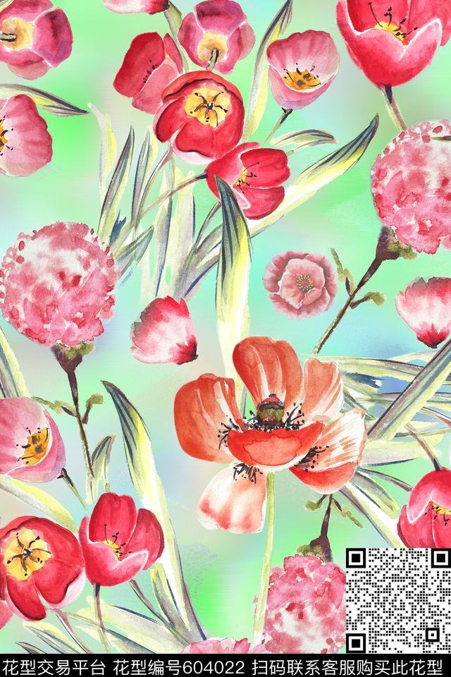 花卉郁金香水彩数码印花华亿平台下载（图片编号: 604022） - 瓦栏（Walan）