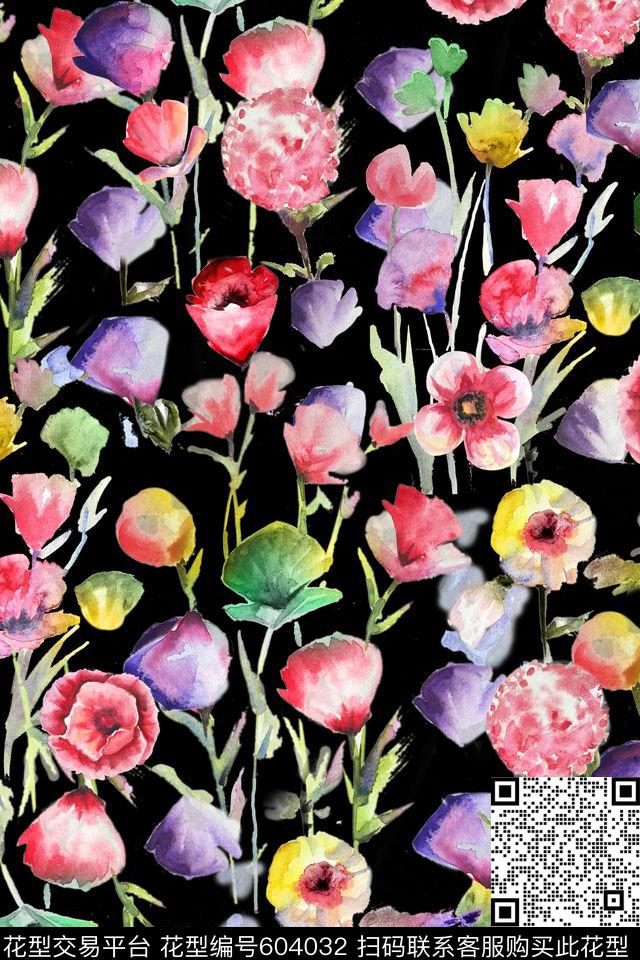 花卉水彩手绘数码印花华亿平台下载（图片编号: 604032） - 瓦栏（Walan）