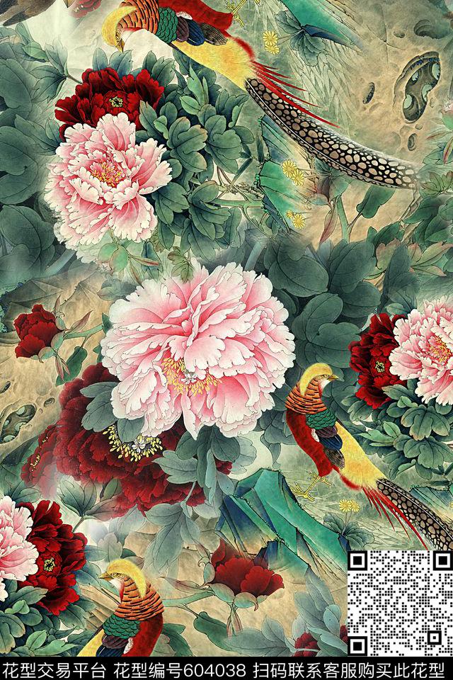 花鸟中国风水墨数码印花华亿平台下载（图片编号: 604038） - 瓦栏（Walan）
