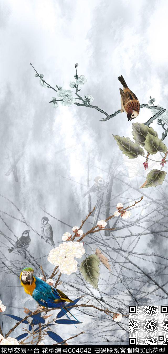 中国风墨色花鸟数码印花华亿平台下载（图片编号: 604042） - 瓦栏（Walan）