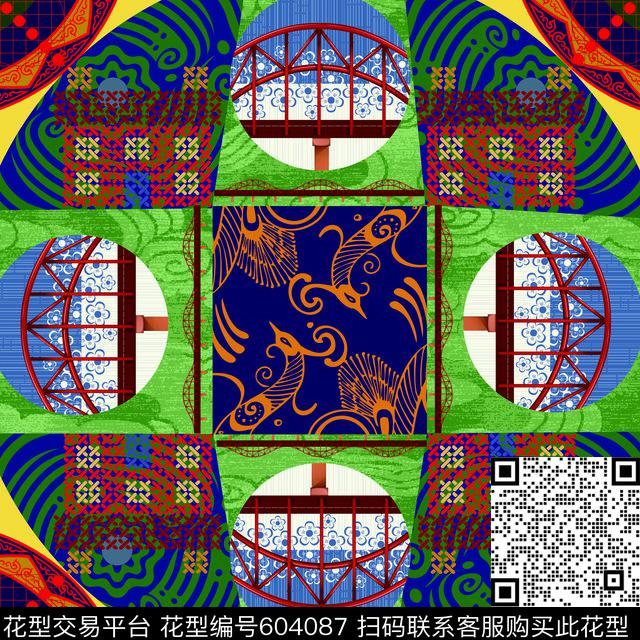 创意景观抽象结合民族文化外白渡桥与红房子时尚摩登高雅秀气传统印花华亿平台下载（图片编号: 604087） - 瓦栏（Walan）