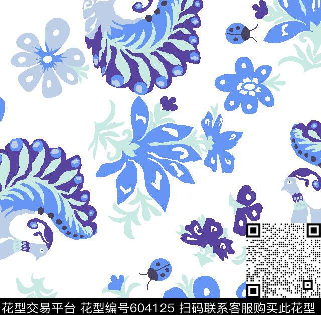 传统女装花卉孔雀花卉2017年女装新花卉传统印花华亿平台下载（图片编号: 604125） - 瓦栏（Walan）