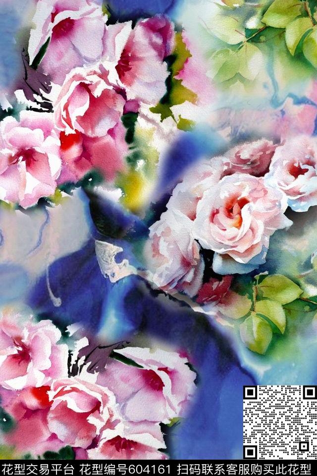 水彩花卉玫瑰数码印花华亿平台下载（图片编号: 604161） - 瓦栏（Walan）