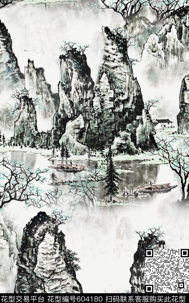 水墨山水中国风数码印花华亿平台下载（图片编号: 604180） - 瓦栏（Walan）