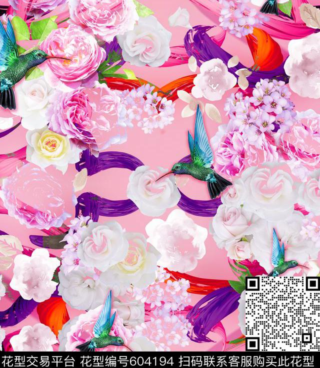 欧美流行时尚MAX-女装手绘粉嫩抽象花卉鸟雀数码印花华亿平台下载（图片编号: 604194） - 瓦栏（Walan）