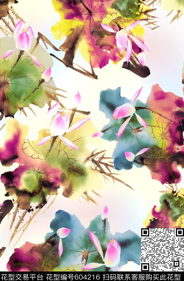 荷花中国风水墨风数码印花华亿平台下载（图片编号: 604216） - 瓦栏（Walan）