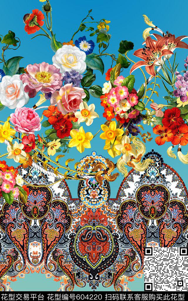 时尚手绘花卉数码印花华亿平台下载（图片编号: 604220） - 瓦栏（Walan）