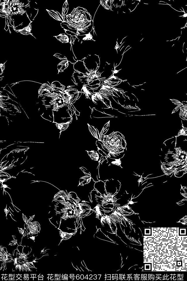 线描花卉黑白箱包数码印花华亿平台下载（图片编号: 604237） - 瓦栏（Walan）