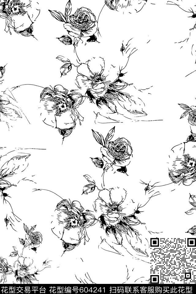 线描花卉黑白箱包数码印花华亿平台下载（图片编号: 604241） - 瓦栏（Walan）