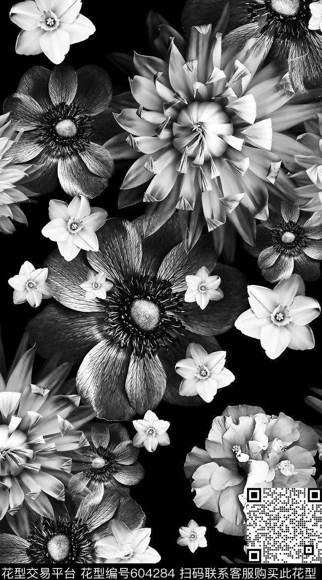 黑白复古花卉传统印花华亿平台下载（图片编号: 604284） - 瓦栏（Walan）
