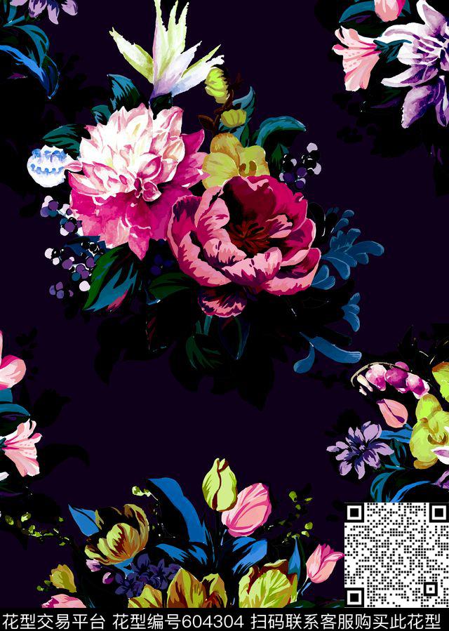 花丛黑白底玫瑰数码印花华亿平台下载（图片编号: 604304） - 瓦栏（Walan）