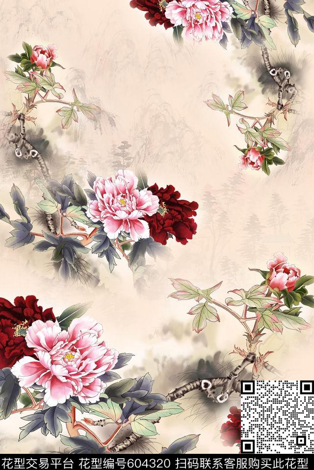 面料花中国风水墨花卉循环回位四方连续数码印花华亿平台下载（图片编号: 604320） - 瓦栏（Walan）