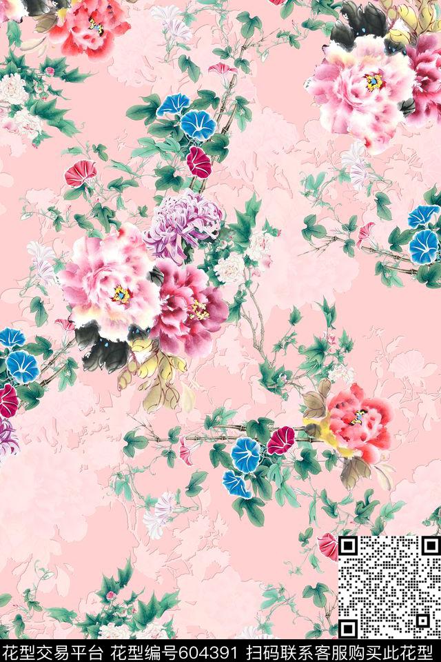 女装水墨花卉数码印花华亿平台下载（图片编号: 604391） - 瓦栏（Walan）