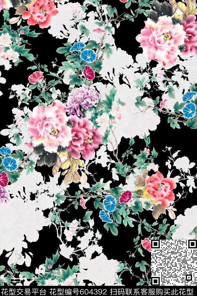 女装水墨花卉数码印花华亿平台下载（图片编号: 604392） - 瓦栏（Walan）