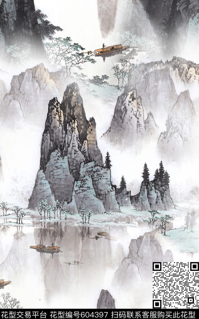 中国风山水水墨数码印花华亿平台下载（图片编号: 604397） - 瓦栏（Walan）