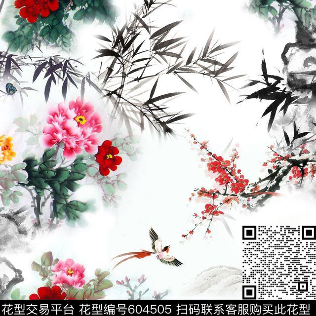 此华亿平台为1/2跳接。水墨民族风数码印花华亿平台下载（图片编号: 604505） - 瓦栏（Walan）