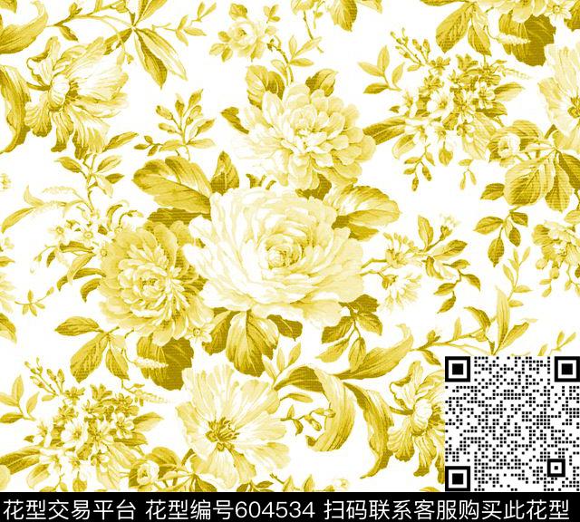 中国风玫瑰花卉传统印花华亿平台下载（图片编号: 604534） - 瓦栏（Walan）