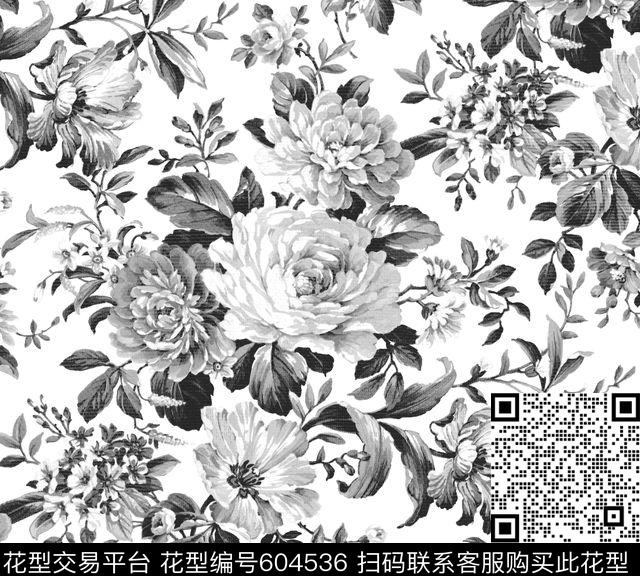 中国风玫瑰花卉传统印花华亿平台下载（图片编号: 604536） - 瓦栏（Walan）