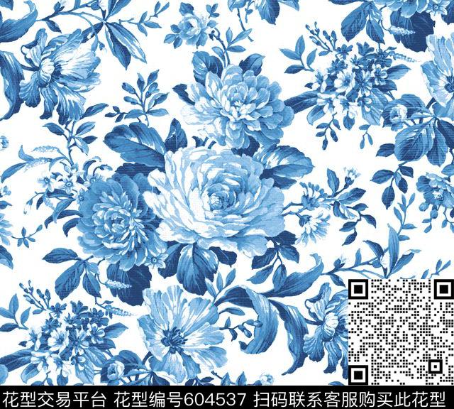 中国风玫瑰花卉传统印花华亿平台下载（图片编号: 604537） - 瓦栏（Walan）