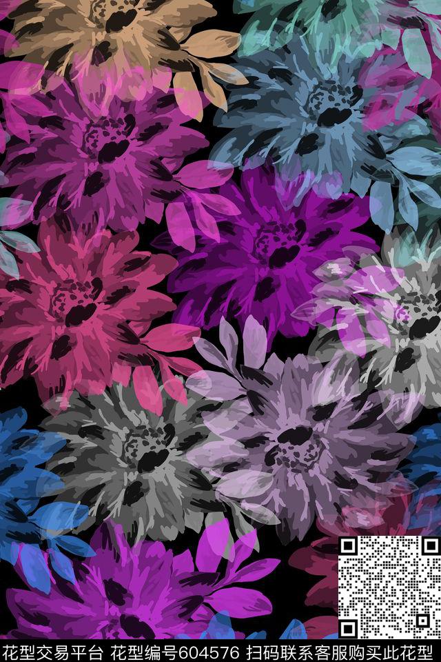 色彩玫瑰花朵传统印花华亿平台下载（图片编号: 604576） - 瓦栏（Walan）