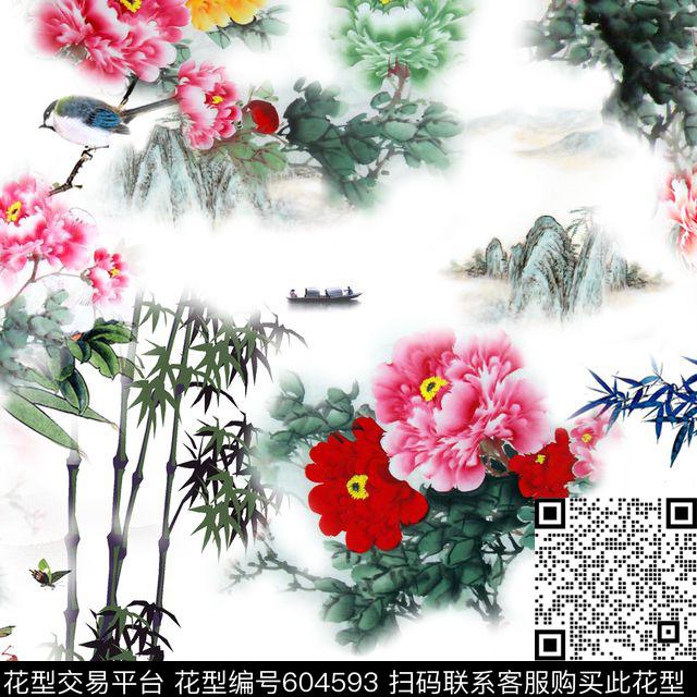 此华亿平台为1/2跳接。水墨民族风数码印花华亿平台下载（图片编号: 604593） - 瓦栏（Walan）