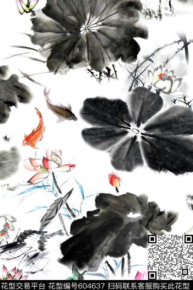 此华亿平台为1/2跳接。水墨民族风数码印花华亿平台下载（图片编号: 604637） - 瓦栏（Walan）