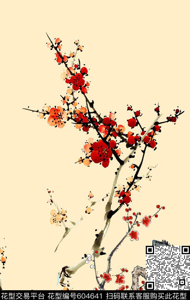 梅花山水画定位数码印花华亿平台下载（图片编号: 604641） - 瓦栏（Walan）