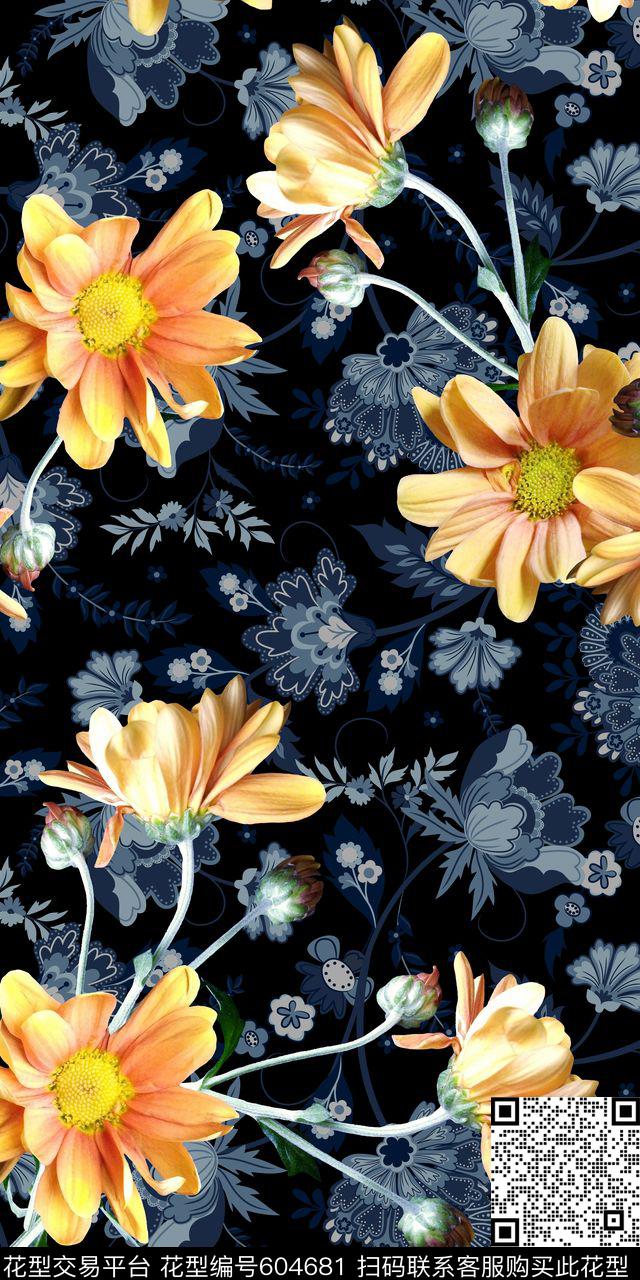 向日葵桃花花卉数码印花华亿平台下载（图片编号: 604681） - 瓦栏（Walan）