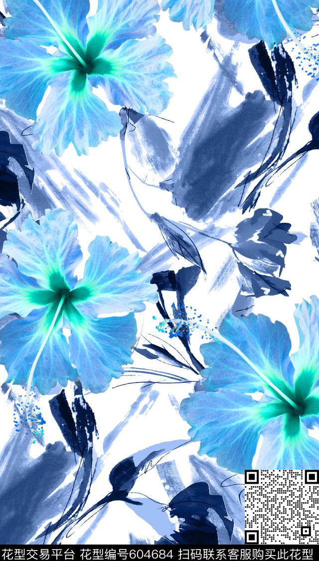 MAX-热带风情手绘水墨花卉热带数码印花华亿平台下载（图片编号: 604684） - 瓦栏（Walan）