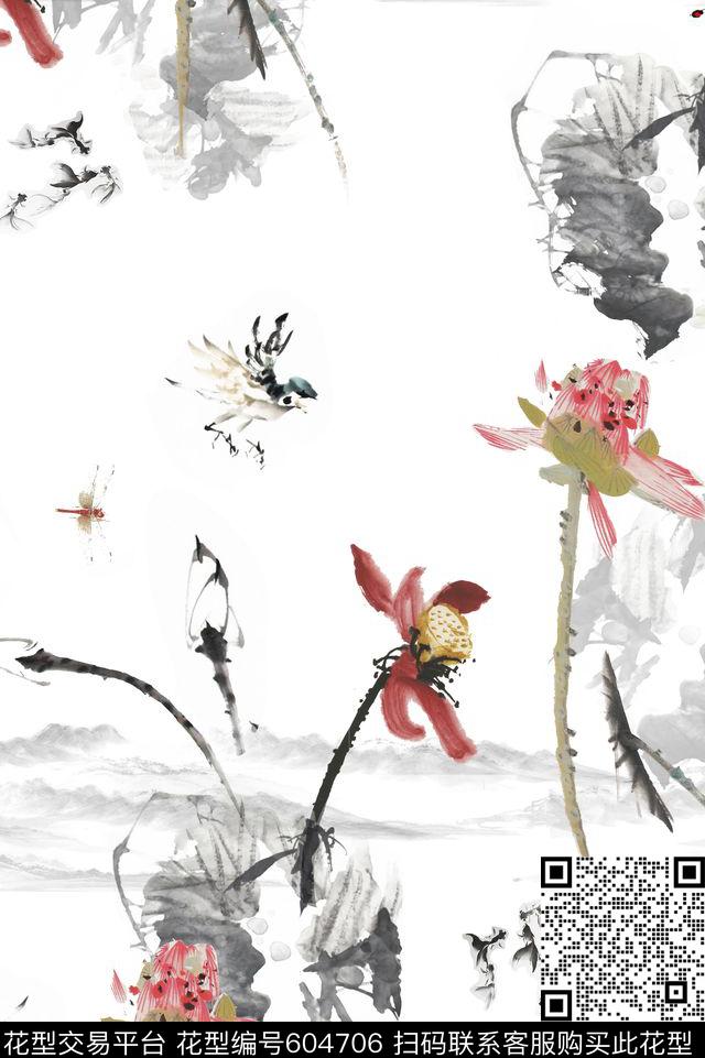 国画花卉荷花数码印花华亿平台下载（图片编号: 604706） - 瓦栏（Walan）