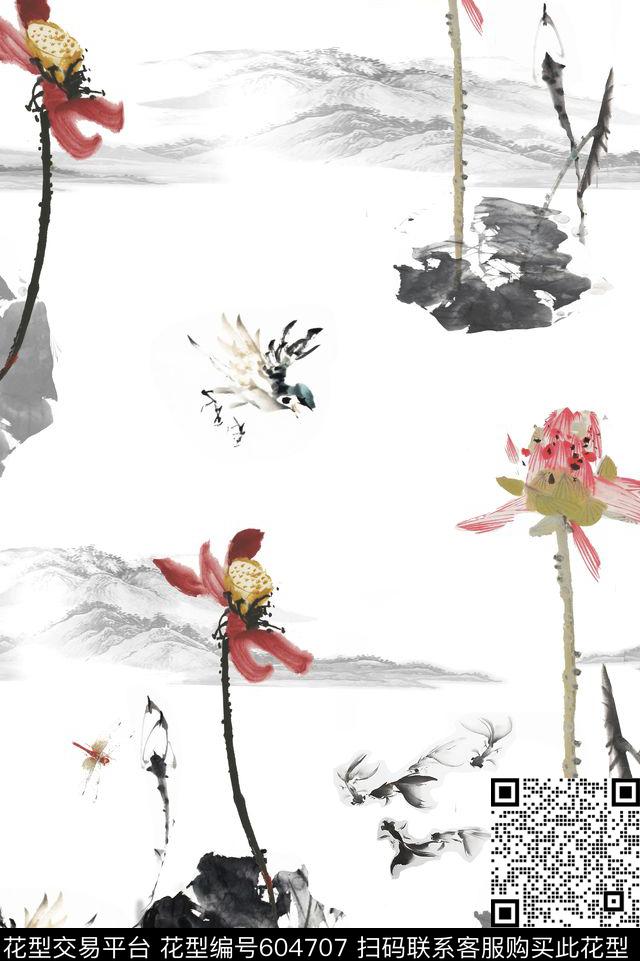 荷花花卉国画数码印花华亿平台下载（图片编号: 604707） - 瓦栏（Walan）