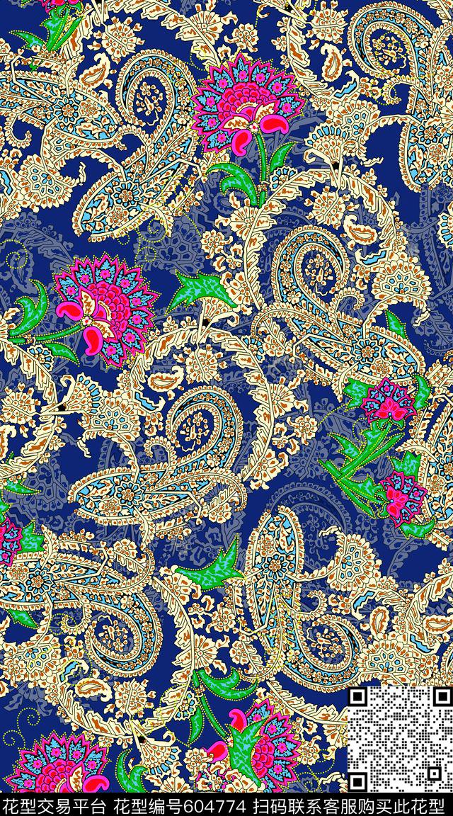 波西米亚卷草纹火腿花数码印花华亿平台下载（图片编号: 604774） - 瓦栏（Walan）
