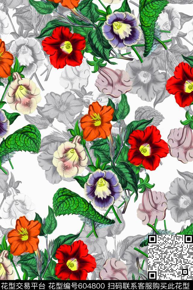 手绘水彩花卉女装数码印花华亿平台下载（图片编号: 604800） - 瓦栏（Walan）