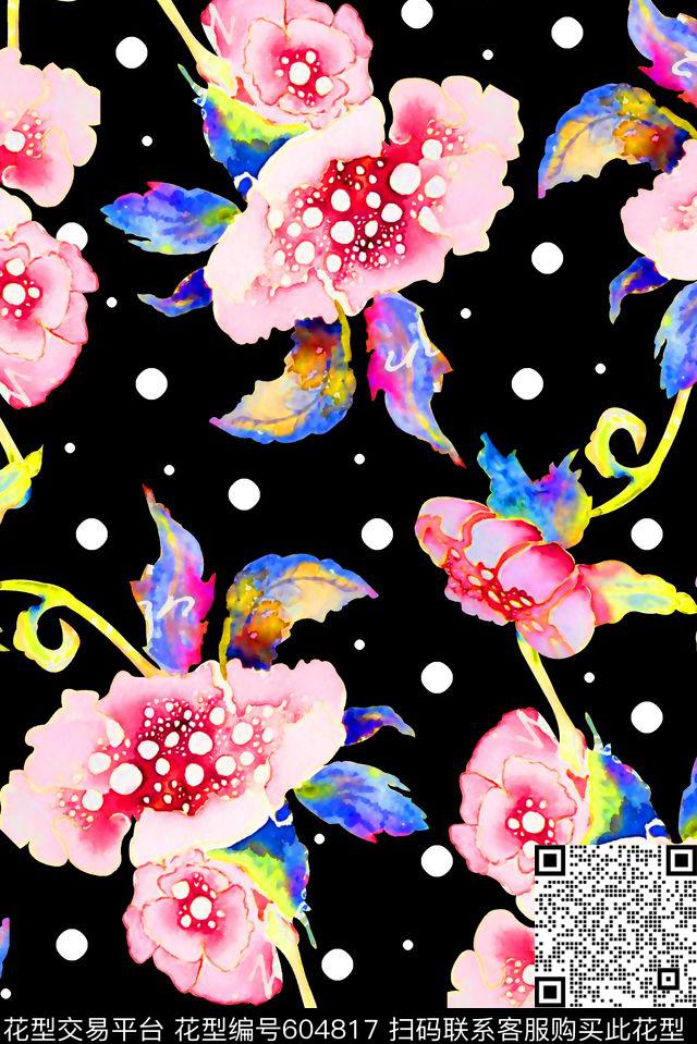手绘花水彩花卉女装裙数码印花华亿平台下载（图片编号: 604817） - 瓦栏（Walan）