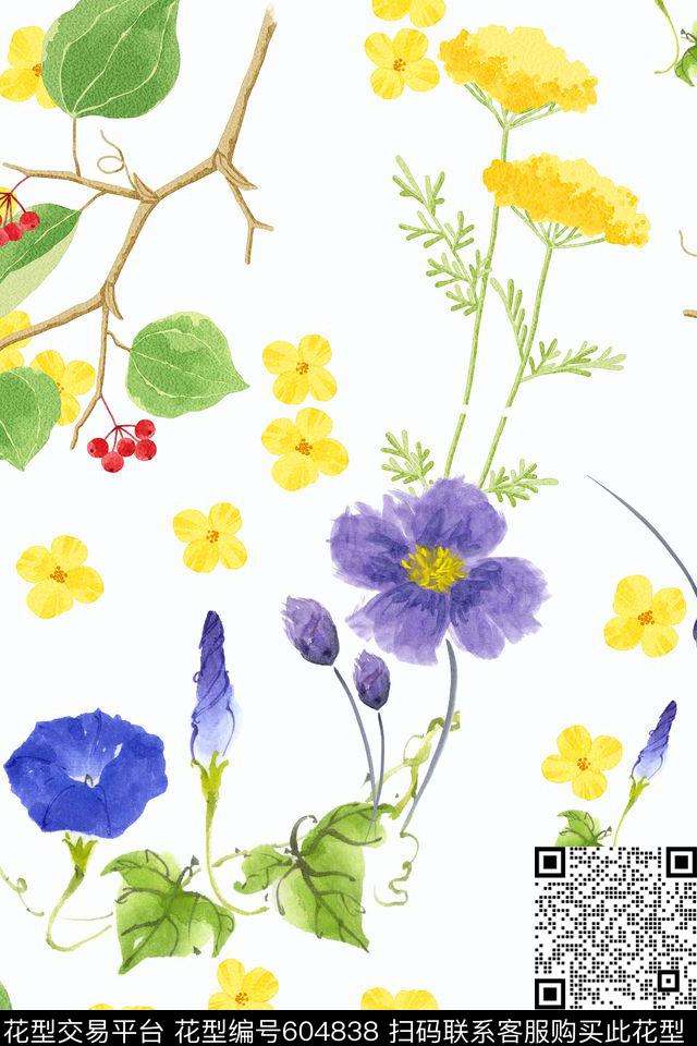 花卉手绘树枝数码印花华亿平台下载（图片编号: 604838） - 瓦栏（Walan）