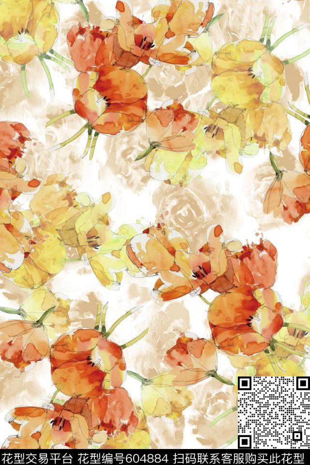 水彩花卉。女装手绘数码印花华亿平台下载（图片编号: 604884） - 瓦栏（Walan）