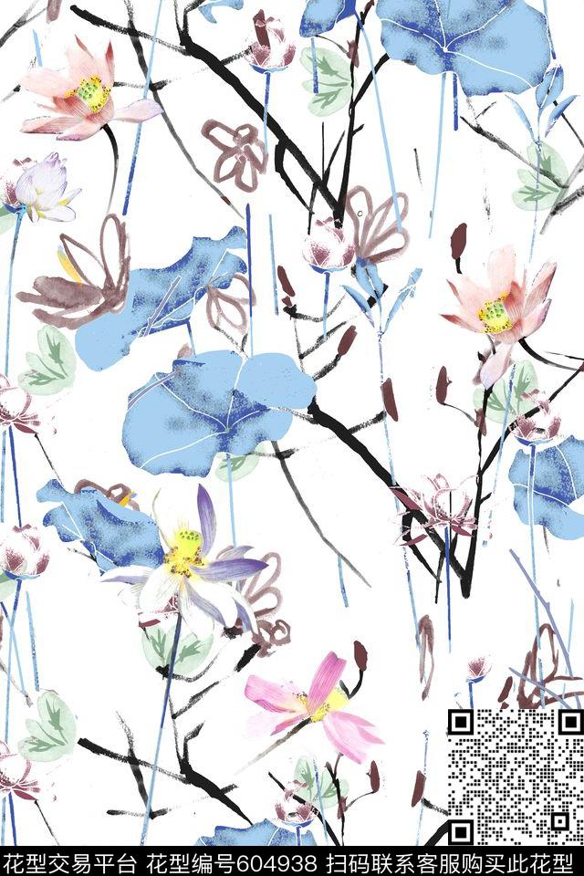 中国风花卉荷花数码印花华亿平台下载（图片编号: 604938） - 瓦栏（Walan）