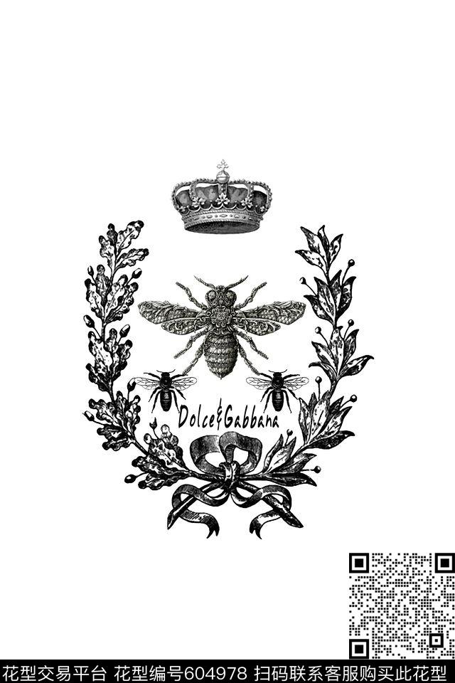 蜜蜂巴洛克风格黑白配数码印花华亿平台下载（图片编号: 604978） - 瓦栏（Walan）