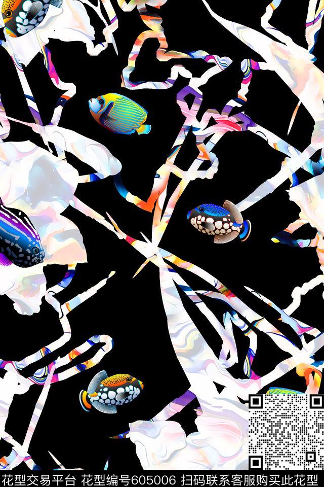 抽象几何清爽梦幻艺术平底立体手绘满版最新高清数码蕾丝民族中国风绣花珠宝肌理时尚潮

流大牌复古欧美风热带风情热带鱼女装裙数码印花华亿平台下载（图片编号: 605006） - 瓦栏（Walan）